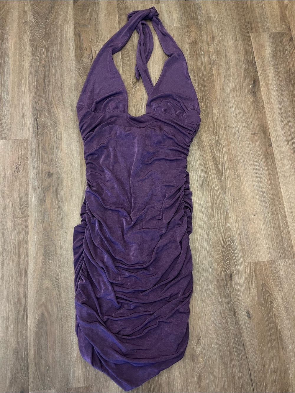 Fashion Nova Shimmer Purple Halter Ruched Dress